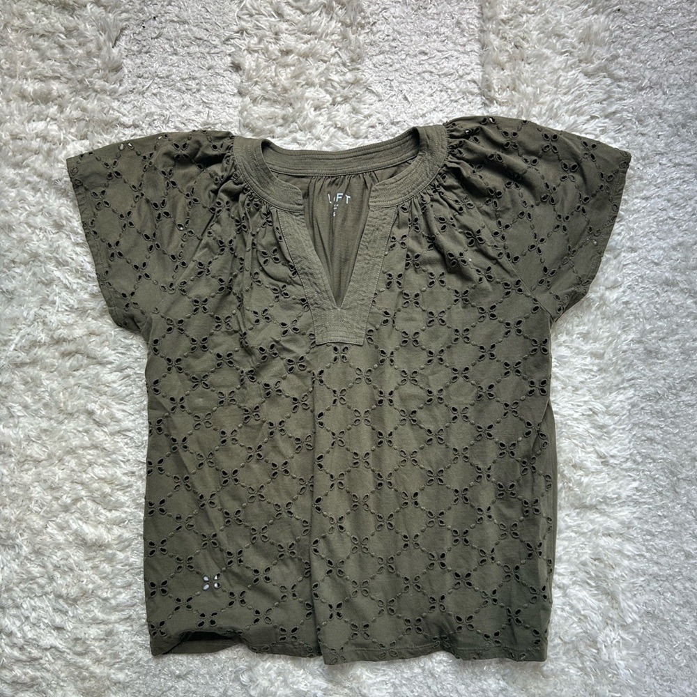 LOFT Olive Eyelet Flutter Sleeve Top